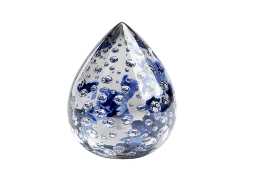 Elegant glass droplet with embedded bubbles on a transparent background