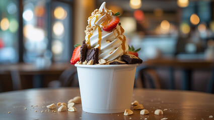 Naklejka premium Swirl of vanilla ice cream topped with brownie chunks, cookies, caramel, and strawberries, styled in cafe setting, warm daylight mood, ideal for food stock.