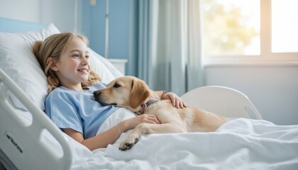 Girl with blonde hair lying on hospital bed. Blue hospital gown, dog at bedside. Hospital room environment with white bed, gray blanket, blue wall, window. Smiling girl, her pet dog resting together.
