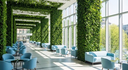 Modern interior design with vertical garden walls and blue furniture in a bright and airy space design
