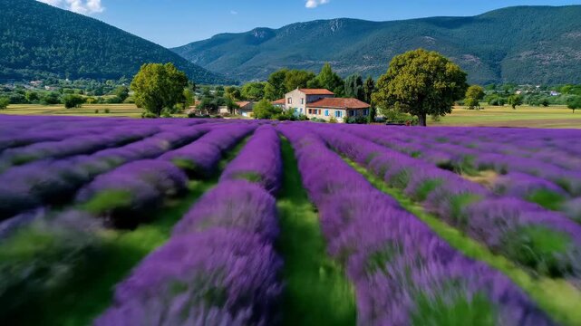 Serene lavender field stretches towards a charming house, framed by mountains against a clear blue sky, offering a tranquil landscape.