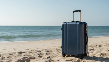 Dark blue suitcase on light brown sand beach with black handle and wheels. Black suitcase with wheels rests on sandy beach near ocean. Blue suitcase on beach with sand and waves.