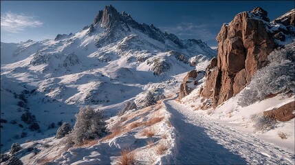 Trackless Snow Path with Rock Formation in Mountainous Winter Landscape. High quality