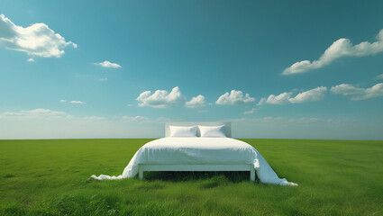 White bed in green grassy field under blue sky, perfect for dreamy lifestyle visuals, editorial photography, or imaginative creative concepts.