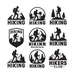 Set of Hiking Logos Featuring Hikers in Mountains