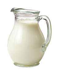 A glass pitcher filled with fresh milk isolated on a transparent background showcasing its creamy texture