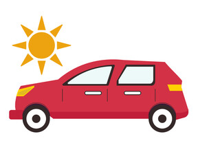 太陽の日差しと車。車の熱中症。車内の温度。車内熱中症,。夏の車。ベクターイラスト