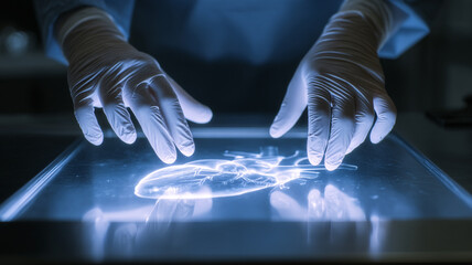 Doctor using interactive display for organ diagnostics in futuristic lab.