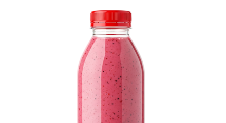 Plastic bottle with red lid filled with pink smoothie