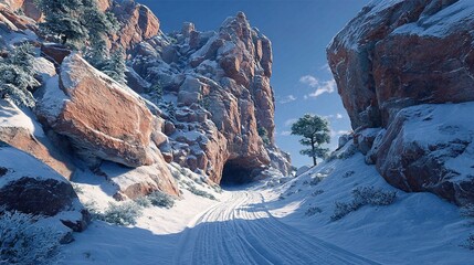 Trackless Snow Path with Rock Formation in Mountainous Winter Landscape. High quality