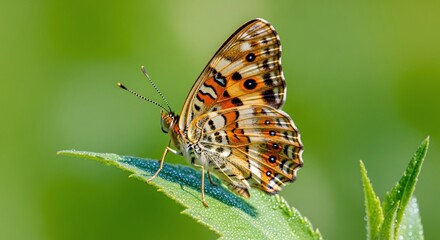 Obraz premium Delicate butterfly perched gracefully on a vibrant green leaf in close up shot