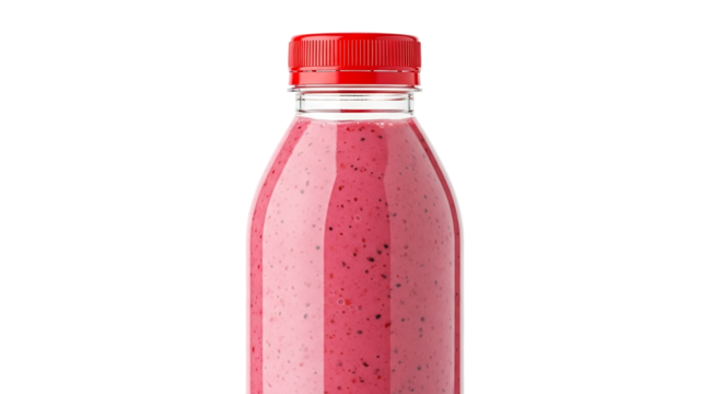 Plastic bottle with red lid filled with pink smoothie