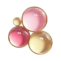 A collection of glossy cosmetic buttons in pink and gold hues arranged on a transparent background