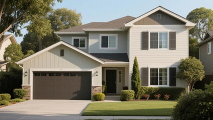 Two-story suburban home with a garage, neatly trimmed lawn, and decorative shrubs.