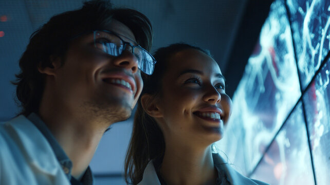 Smiling scientists analyzing holographic medical interface together.