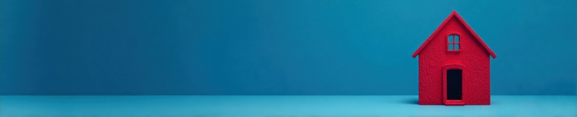 Miniature red house against a vibrant blue background.