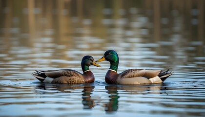 Pair of wild ducks swimming together on a river with reflections of trees.&rdquo;