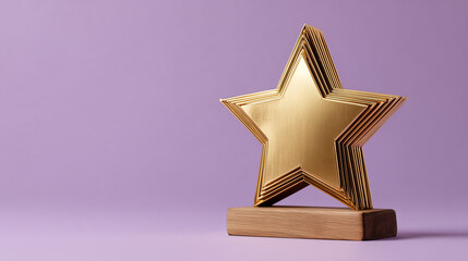 Gold star trophy shines on purple background. Concept: success, achievement. Use for marketing, award design, web.