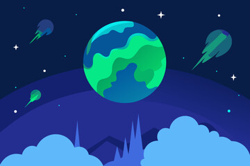 Blue planet Earth with the moon and bright stars in the dark night sky