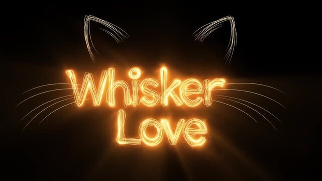 Elegant monoline animation 'Whisker Love', cat whiskers forming the letters, gold on black