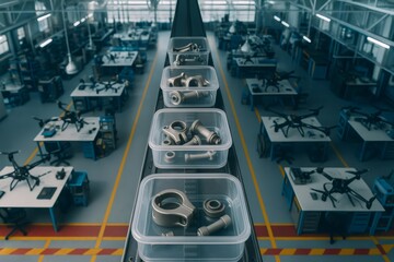Drone parts moving on conveyor belt in high tech factory