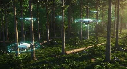 Swarm of autonomous drones with glowing blue interfaces scanning a sunlit green forest for environmental data collection.