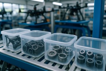 Obraz premium Drone parts and components organized in plastic containers in a manufacturing plant