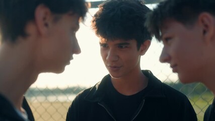 Three Hoodie-Wearing Teens Chatting by a Fence in the Sun