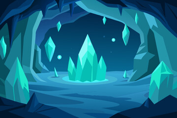 Winter forest landscape with ice mountains, seamless blue water pattern, and a light sky