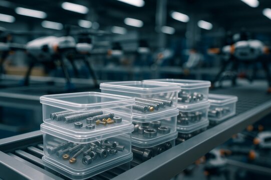Drone spare parts neatly arranged in transparent plastic containers in a drone factory