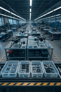 Drone manufacturing plant assembling components for aerial vehicles