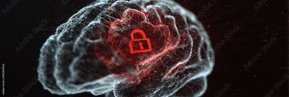 Poster wireframe brain integrated into digital lock symbol, illuminated in upper zone showcasing technology