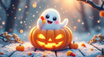 Cute cartoon ghost peeking out of a glowing jack o lantern on a spooky night