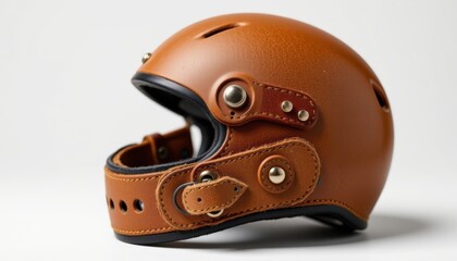 a high resolution, ultra sharp isolated helmet strap made from mushroom leather, placed on a pure white background with no shadow or minimal soft shadows only