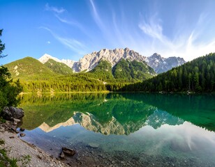 Majestic mountain lake reflecting a clear sky