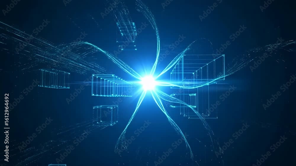 Poster futuristic digital data burst with glowing blue light and abstract wireframe cubes, symbolizing netw