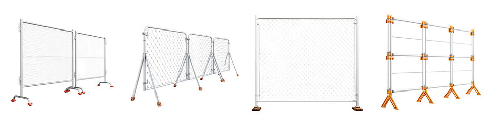 Construction Fence Barrier Collection Isolated on White. Temporary Fencing for Site Safety and Crowd Control.