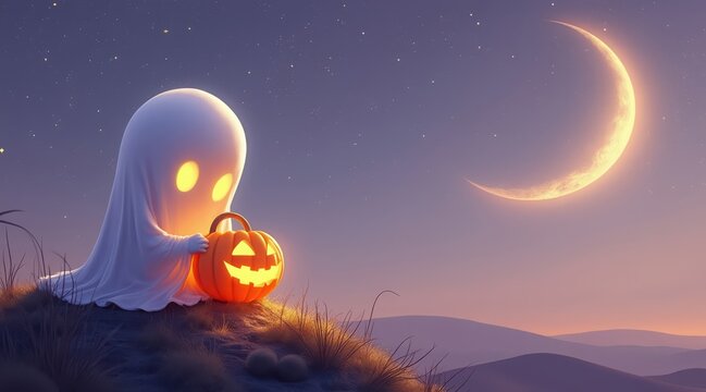 Cute friendly ghost holding a glowing jack o lantern under a crescent moon