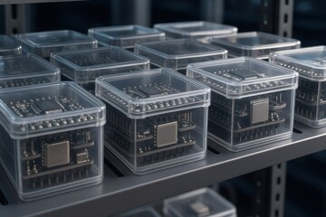 Microchips and circuit boards storing in plastic boxes on metal shelves