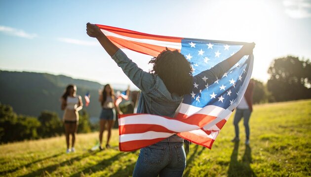Patriotic African American woman holding the USA flag, celebrating with friends in a sunlit field on a summer day. - Powered by Adobe