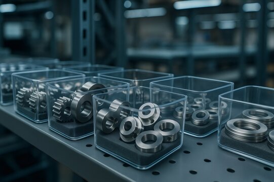 Spare parts sitting in transparent plastic containers on warehouse shelf