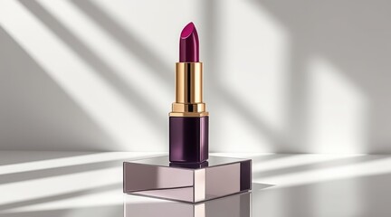Elegant deep red lipstick displayed on a modern clear acrylic stand with dramatic shadows