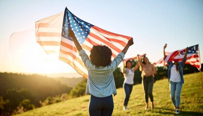 Joyful diverse friends celebrating American patriotism and freedom, waving USA flags on a sunny hill at sunset.