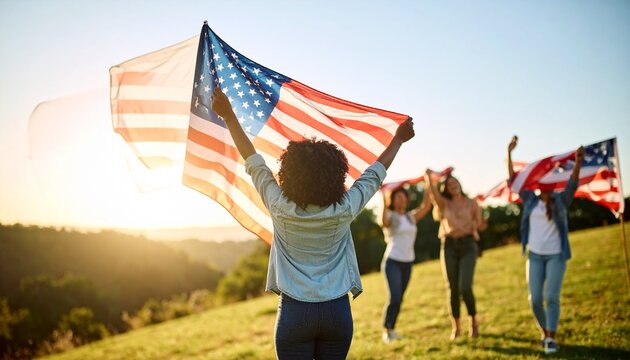 Joyful diverse friends celebrating American patriotism and freedom, waving USA flags on a sunny hill at sunset.