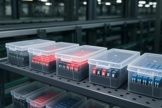 Electronic components stored in plastic boxes on metal shelves in warehouse