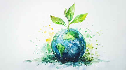 Watercolor painting of Earth with a sprout growing on top surrounded by green and yellow watercolor splatters