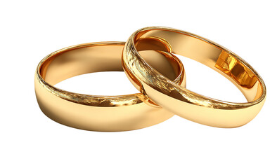 A closeup studio shot of two intertwined golden wedding rings symbolizing love and commitment on a clean transparent background