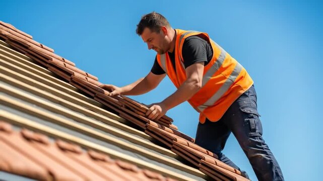 A professional construction worker in an orange vest placing roof tiles on a sunny day a professional and skilled image of home building and labor