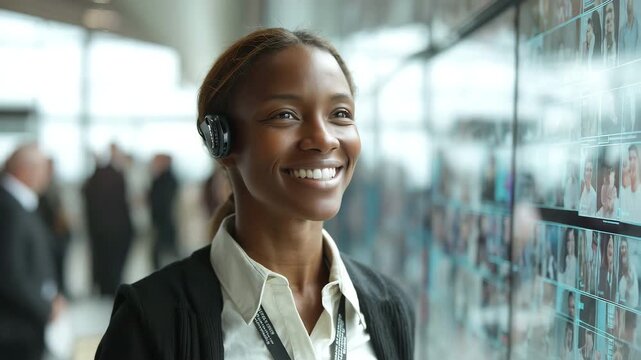 A professional woman smiles and waves at a digital display, exuding warmth and engagement in a modern, bustling environment. The mood is optimistic and connected.
