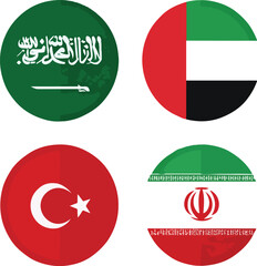Middle Eastern Flags Collection: Saudi Arabia, UAE, Turkey, and Iran Round Icons